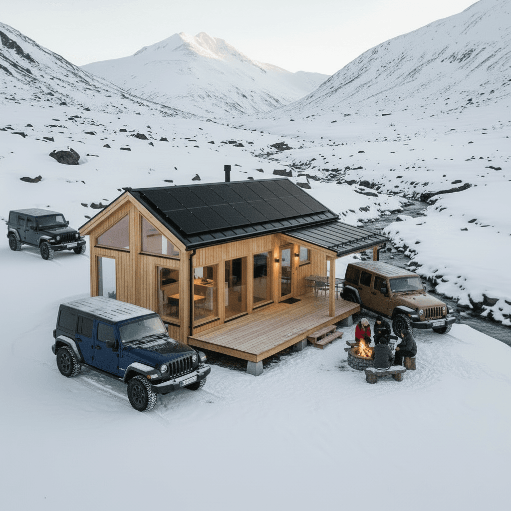 scandinavian mountain Tiny House - Kind Next Open - There Loft Show - Move Toilet Shower - Give Nice Open - Jeep Next House - Jeep Outside House - Exterior view