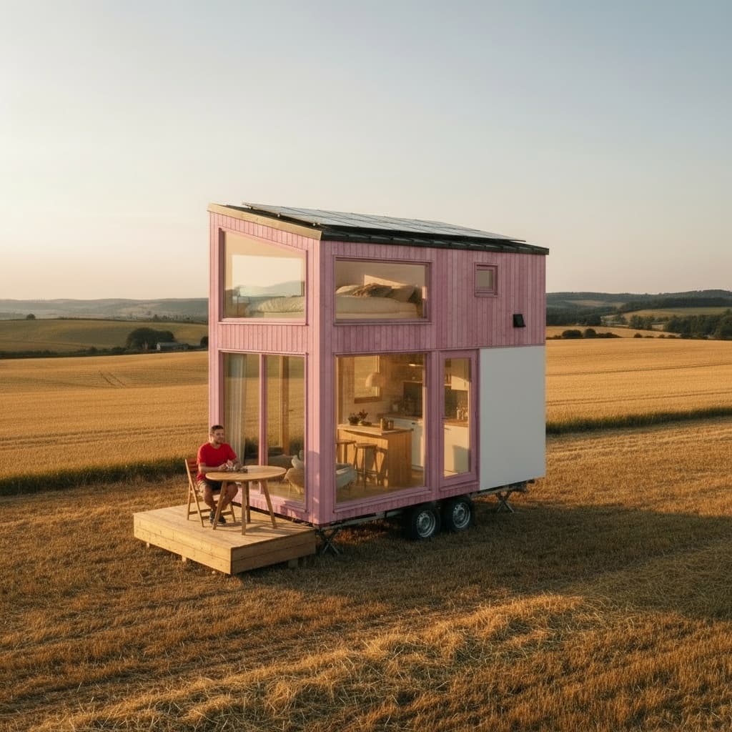 scandinavian rural Tiny House - Pink - Table Person Tshirt - Exterior view