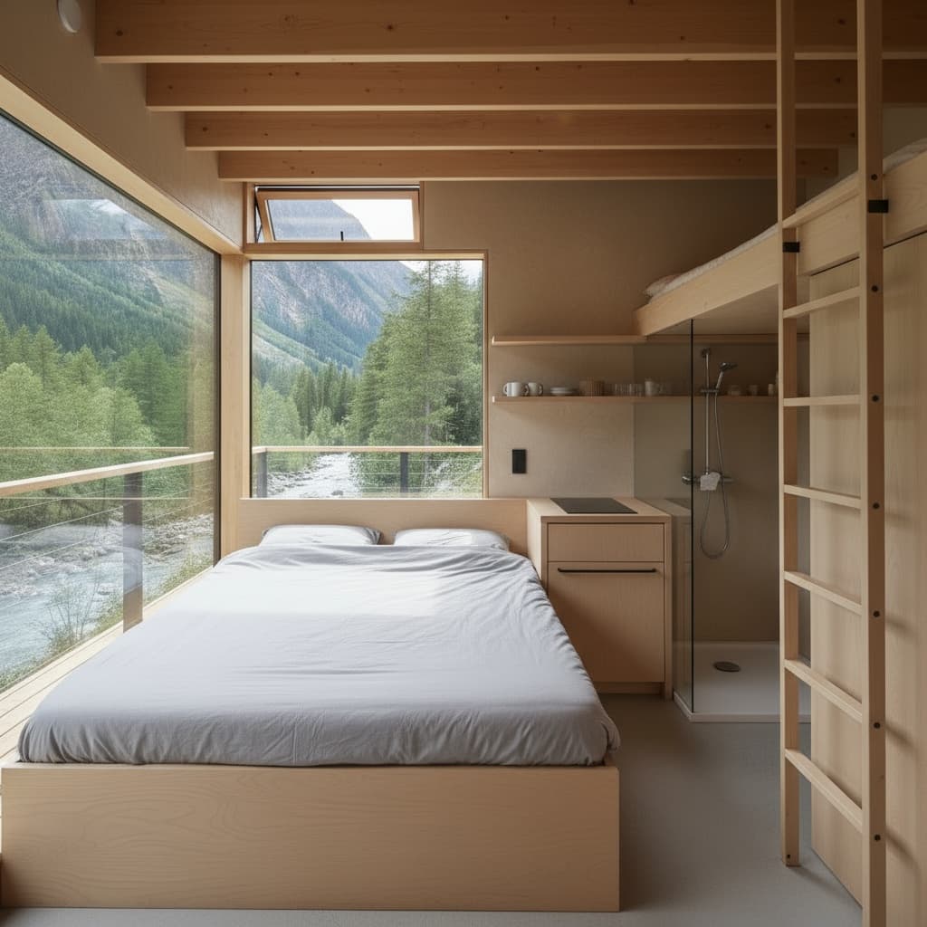 Minimalist mountain Tiny House - Table From Room - Show Kind Nice - Lots Small Green - Interior view