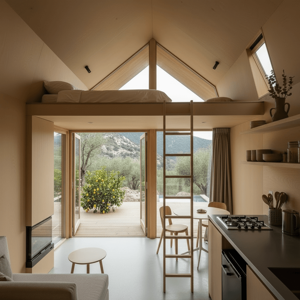 Minimalist mountain Tiny House - Show Kind Open - Only Show Living - Show Open Kitchen - Interior view