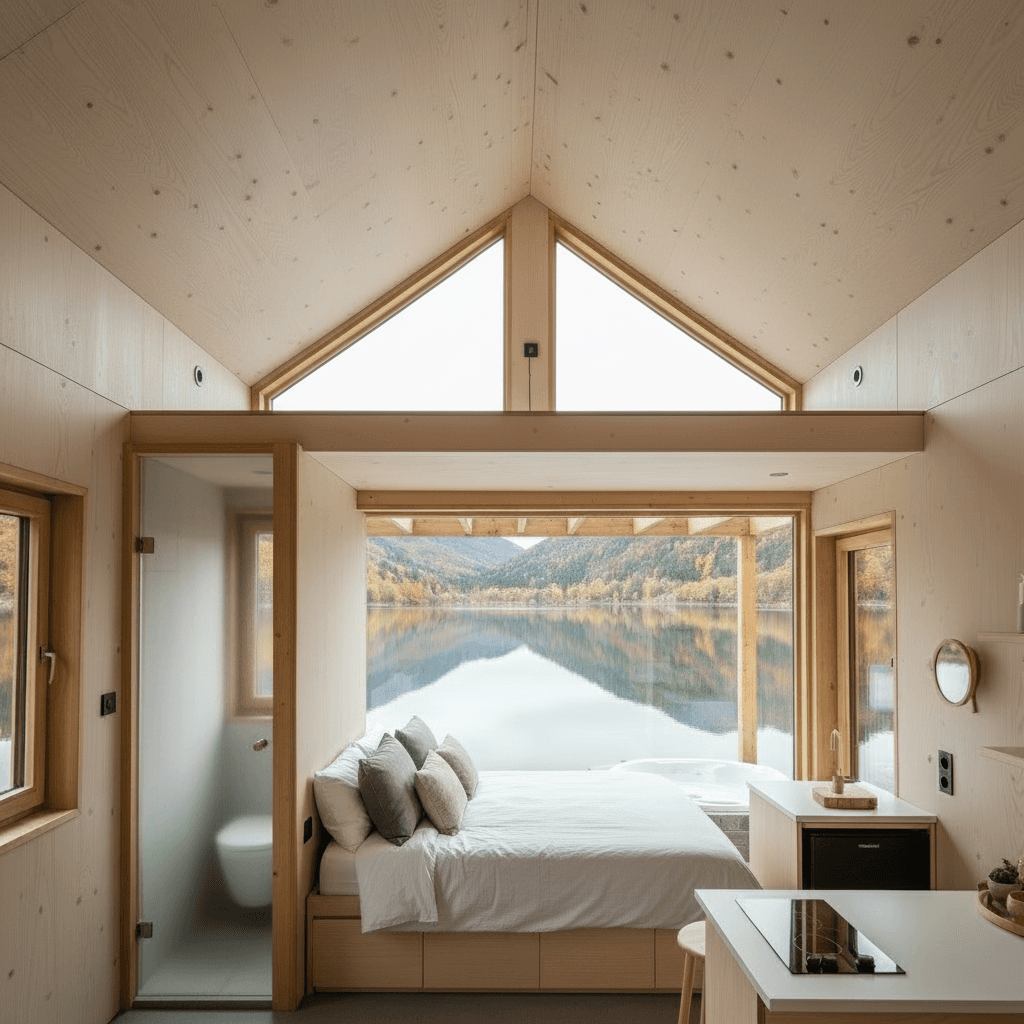 scandinavian lakeside Tiny House - House Door Window - Show Whole Kind - There Loft Show - Delete Loft Just - Interior view