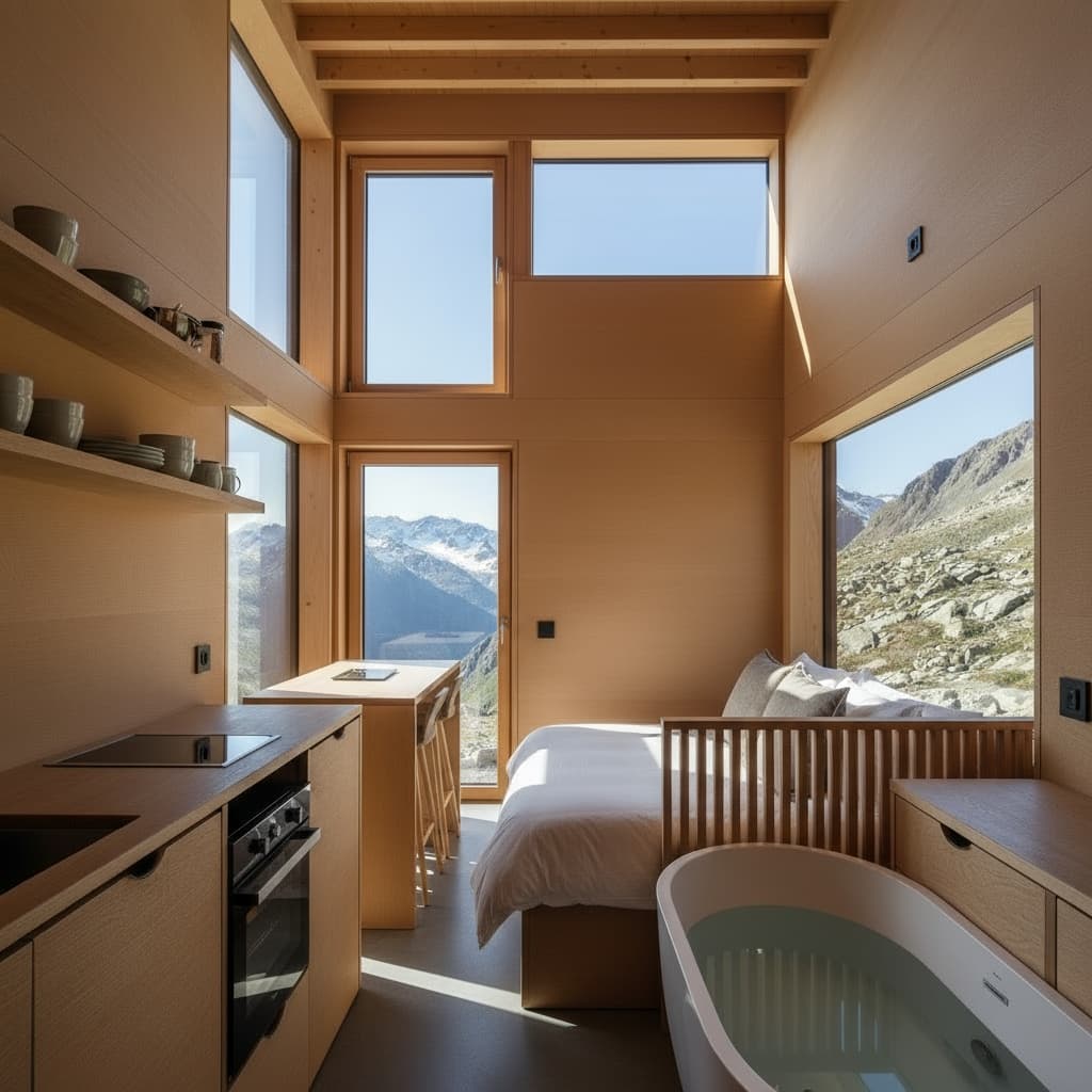 Modern mountain Tiny House - Show King Inside - There Second Floor - Interior view