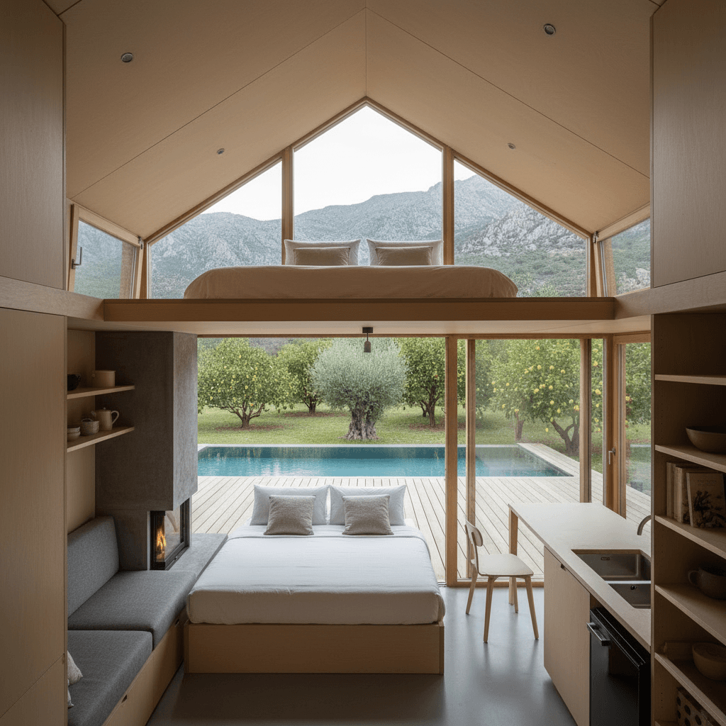 Minimalist mountain Tiny House - Show Nice Open - Interior view
