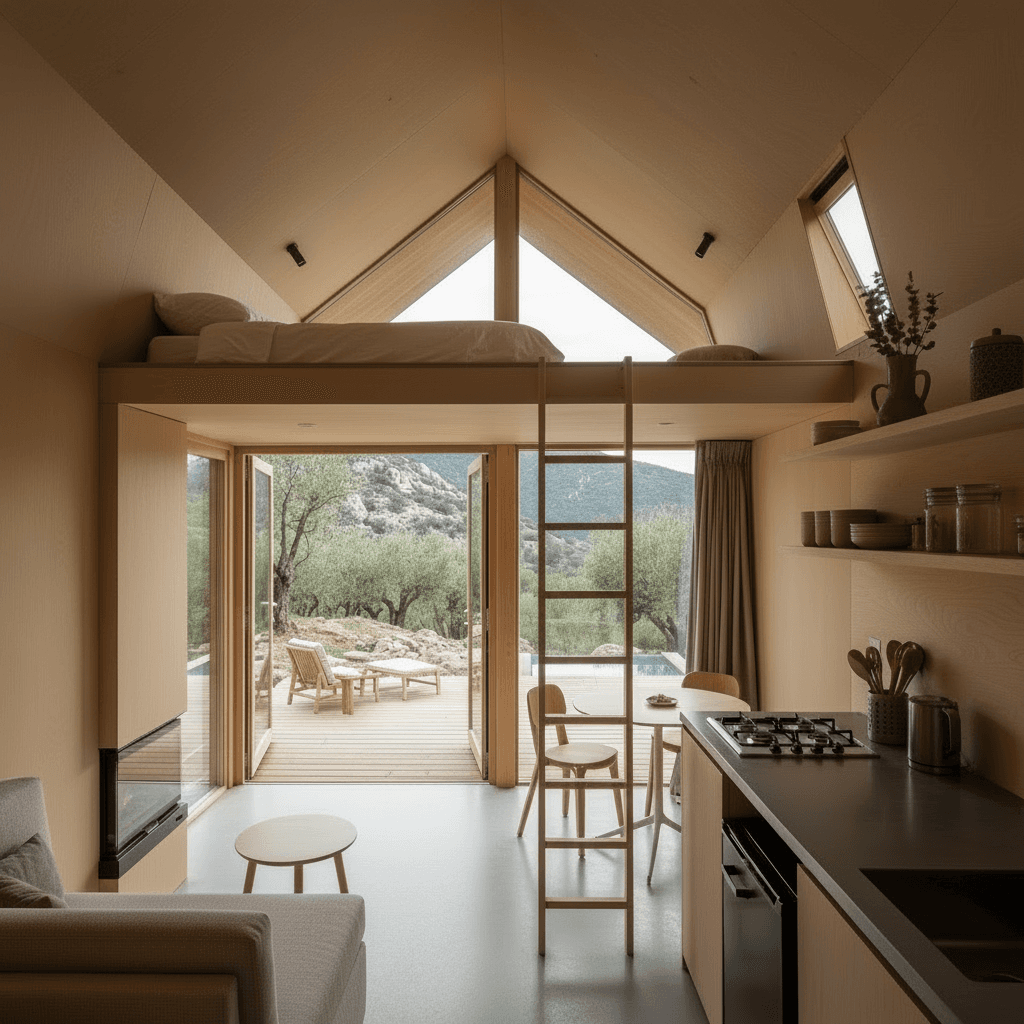 Minimalist mountain Tiny House - Show Kind Open - Only Show Living - Interior view