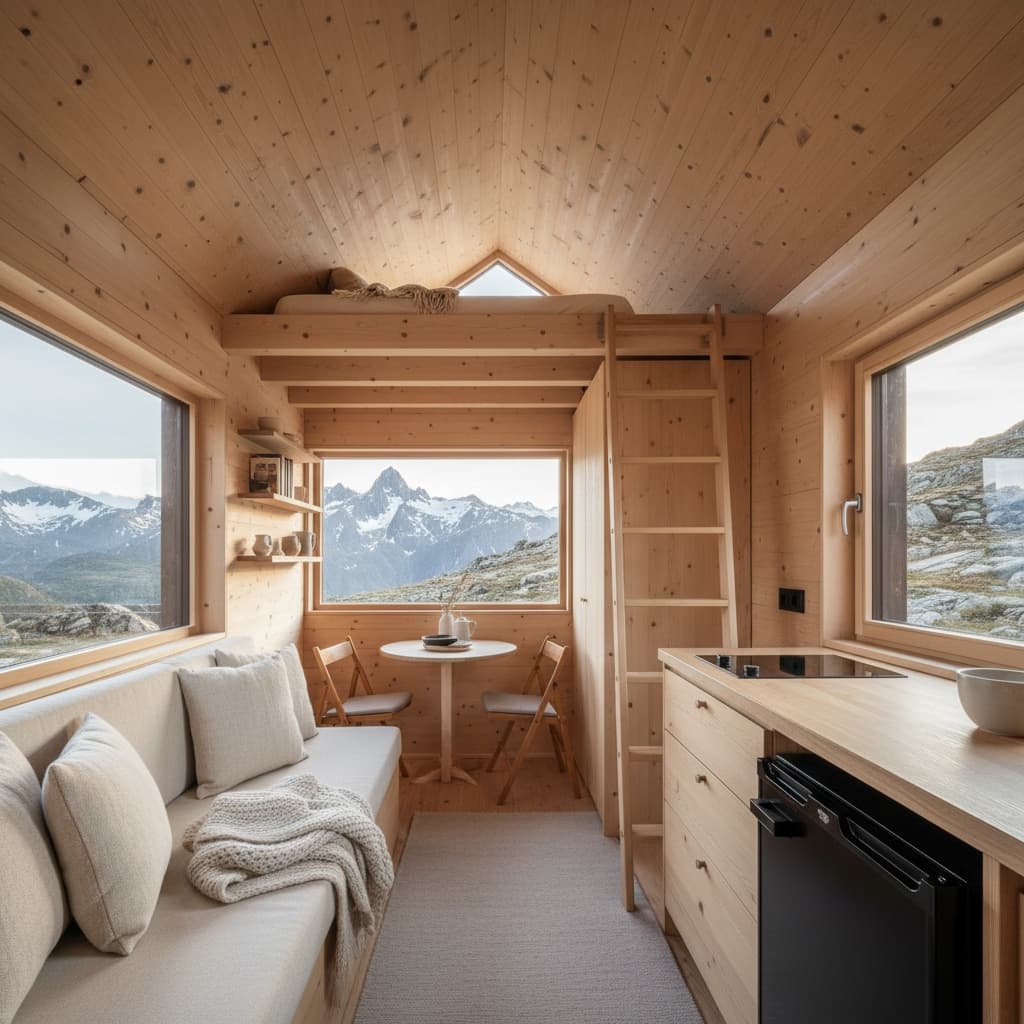 scandinavian mountain Tiny House - Bike Front House - Interior view