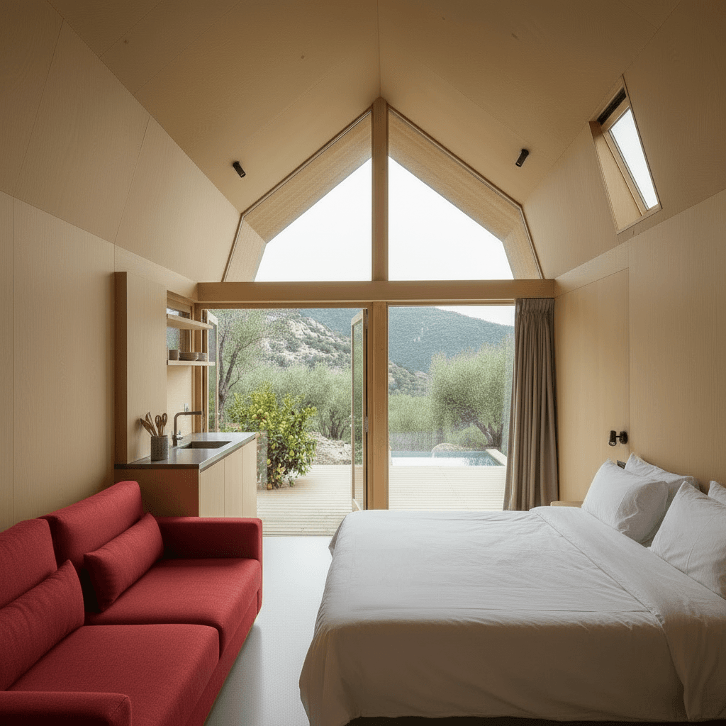 Minimalist mountain Tiny House - Show Kind Open - Only Show Living - Show Open Kitchen - Loft - Give Nice Open - Interior view