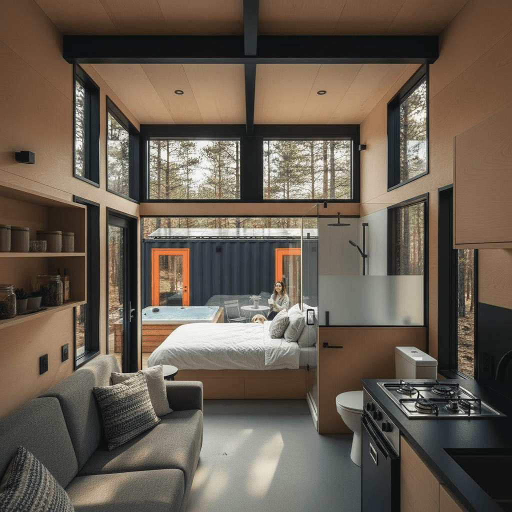 Modern Forest Tiny House - Tiny House Orange - Show Full Open - Only Show Living - Interior view