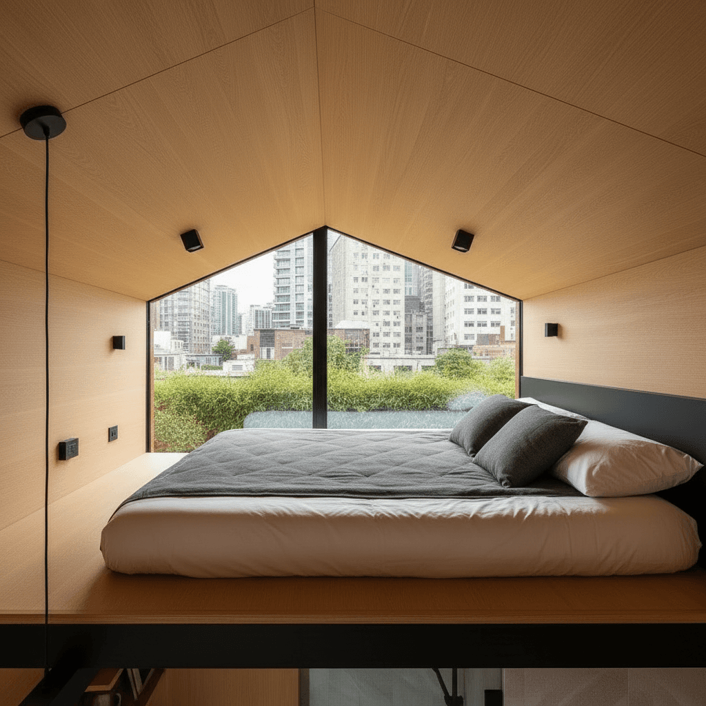 Modern Urban Tiny House - Only Show Nice - Wooden Stairs From - Show Loft Room - Interior view