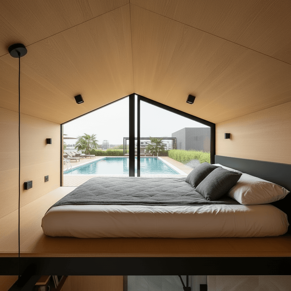 Modern Urban Tiny House - Only Show Nice - Wooden Stairs From - Show Loft Room - Show Loft Room - Interior view