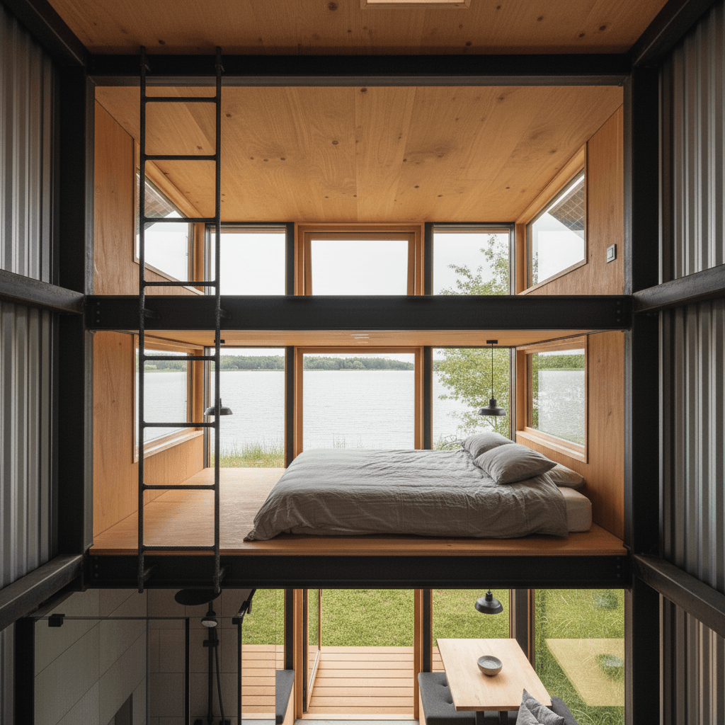 industrial lakeside Tiny House - Loft Have Open - Living Room Have - Show Whole Kind - Only Show Kind - Interior view