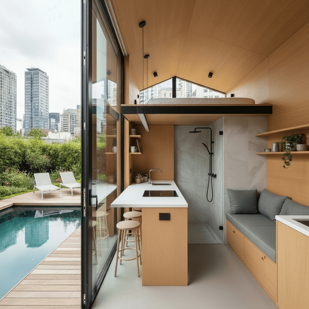 Modern Urban Tiny House - Only Show Nice - Wooden Stairs From - Interior view