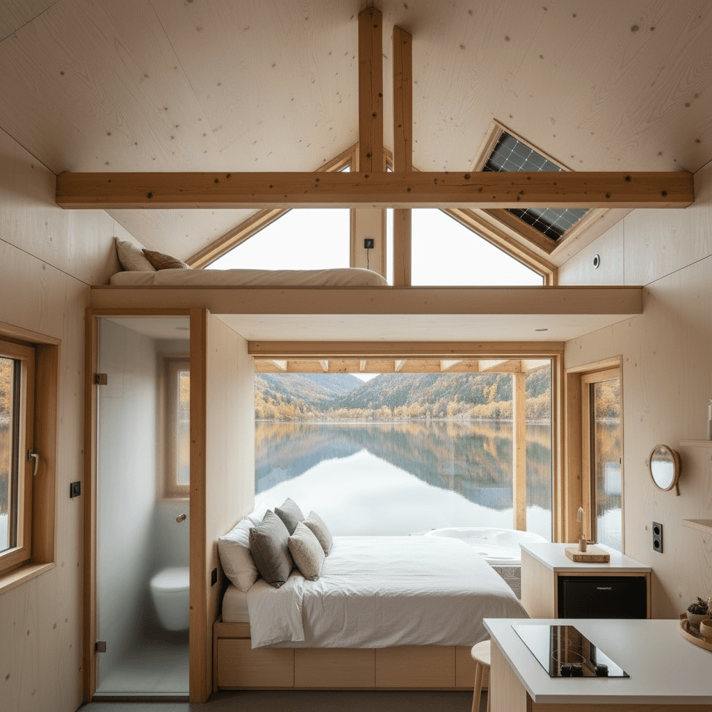 scandinavian lakeside Tiny House - House Door Window - Show Whole Kind - There Loft Show - Interior view