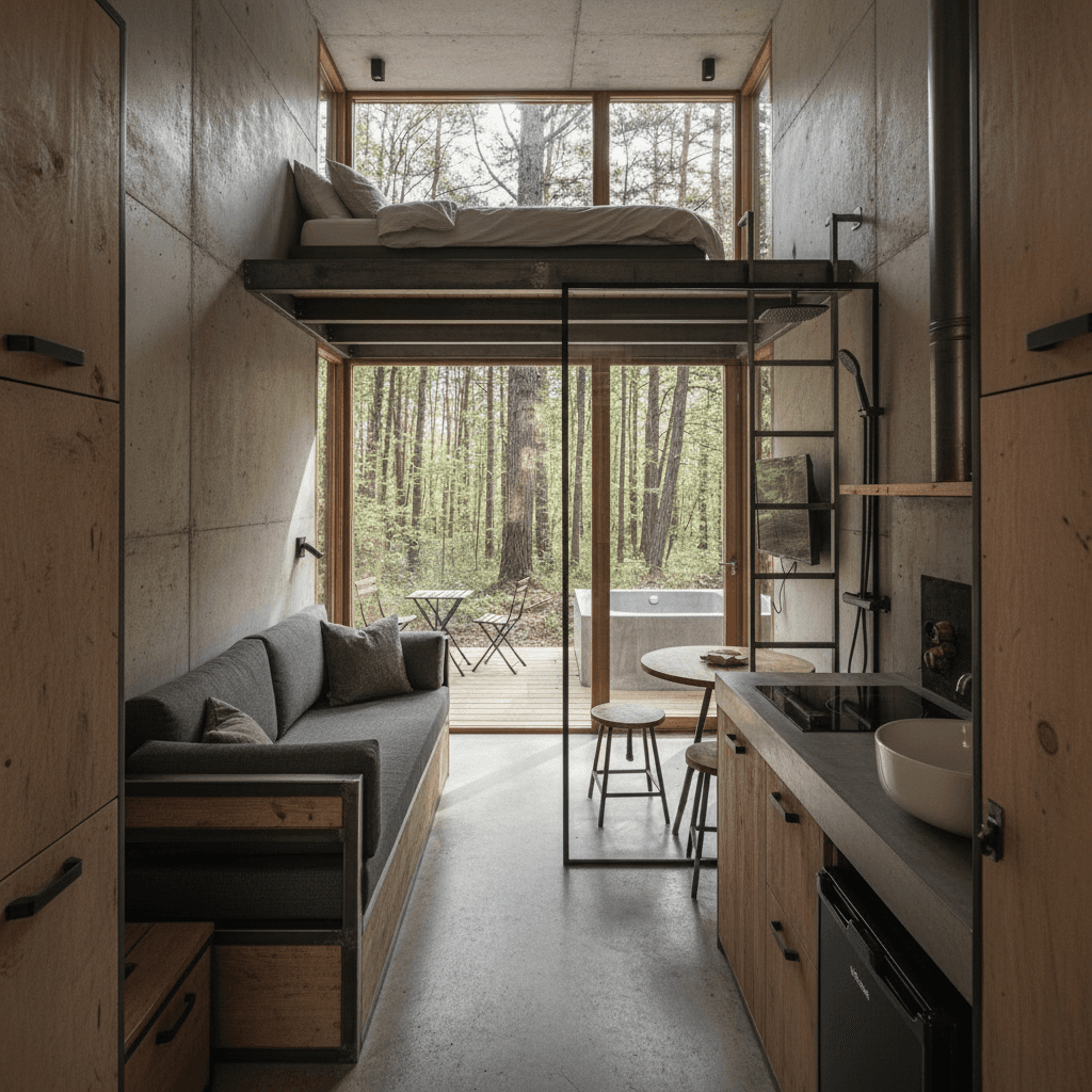 industrial Forest Tiny House - Toilet Shower Next - Interior view