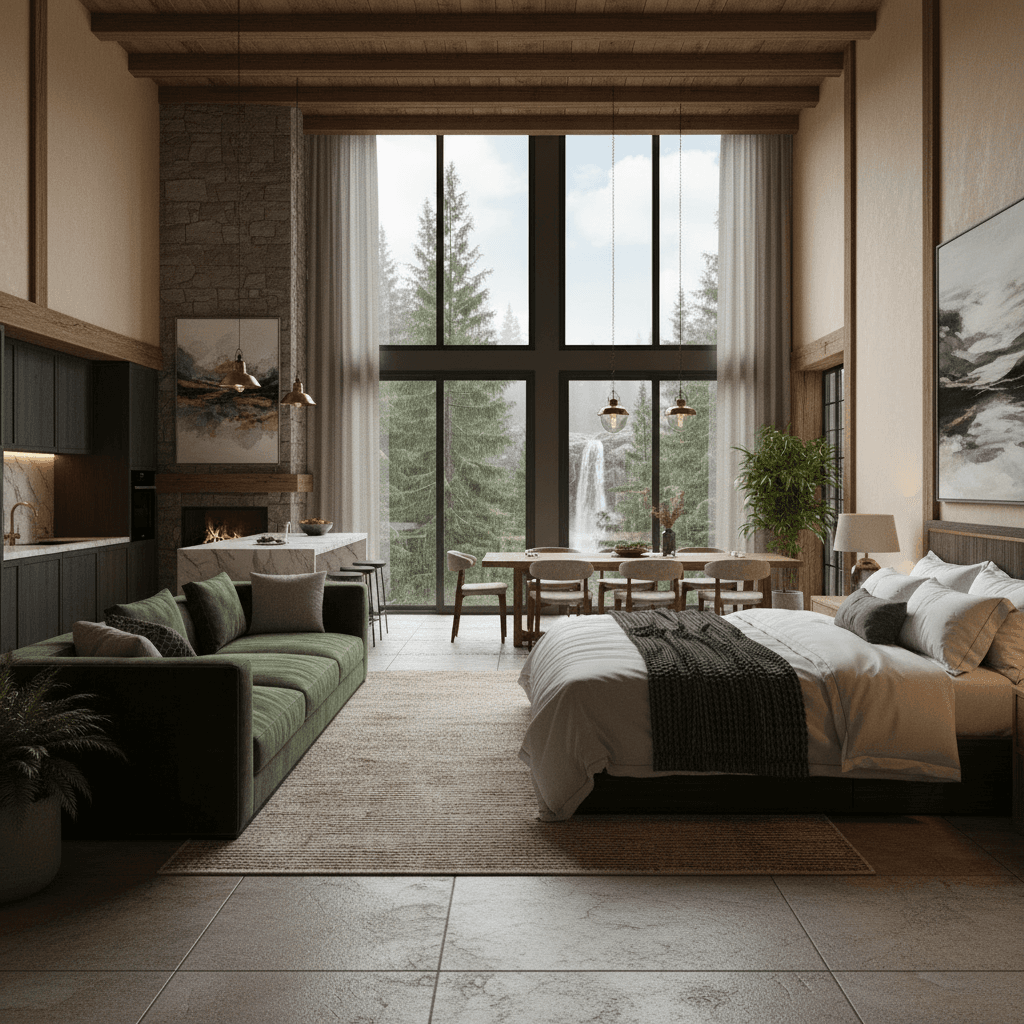 Minimalist mountain Tiny House - Show Nice Shower - Show Nice Shower - Swimming Pool Same - Want Outdoor Deck - Show Open Kitchen - Interior view