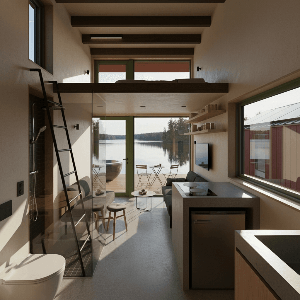 Modern lakeside Tiny House - House Water Empty - Nice Open Kitchen - Interior view