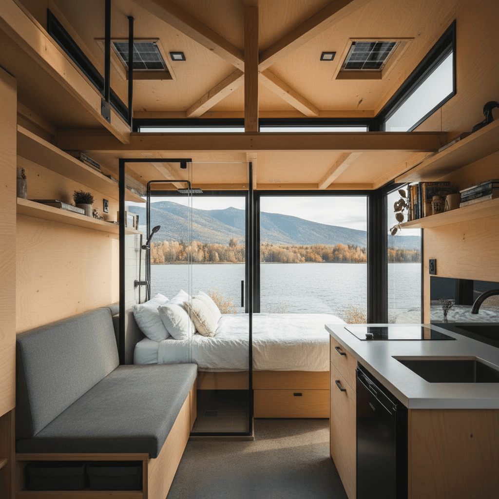 Modern lakeside Tiny House - Show Open Nice - Room Dont Have - Interior view