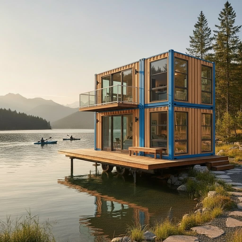 industrial lakeside Tiny House - House Loft Container - Wood Design Container - Exterior view