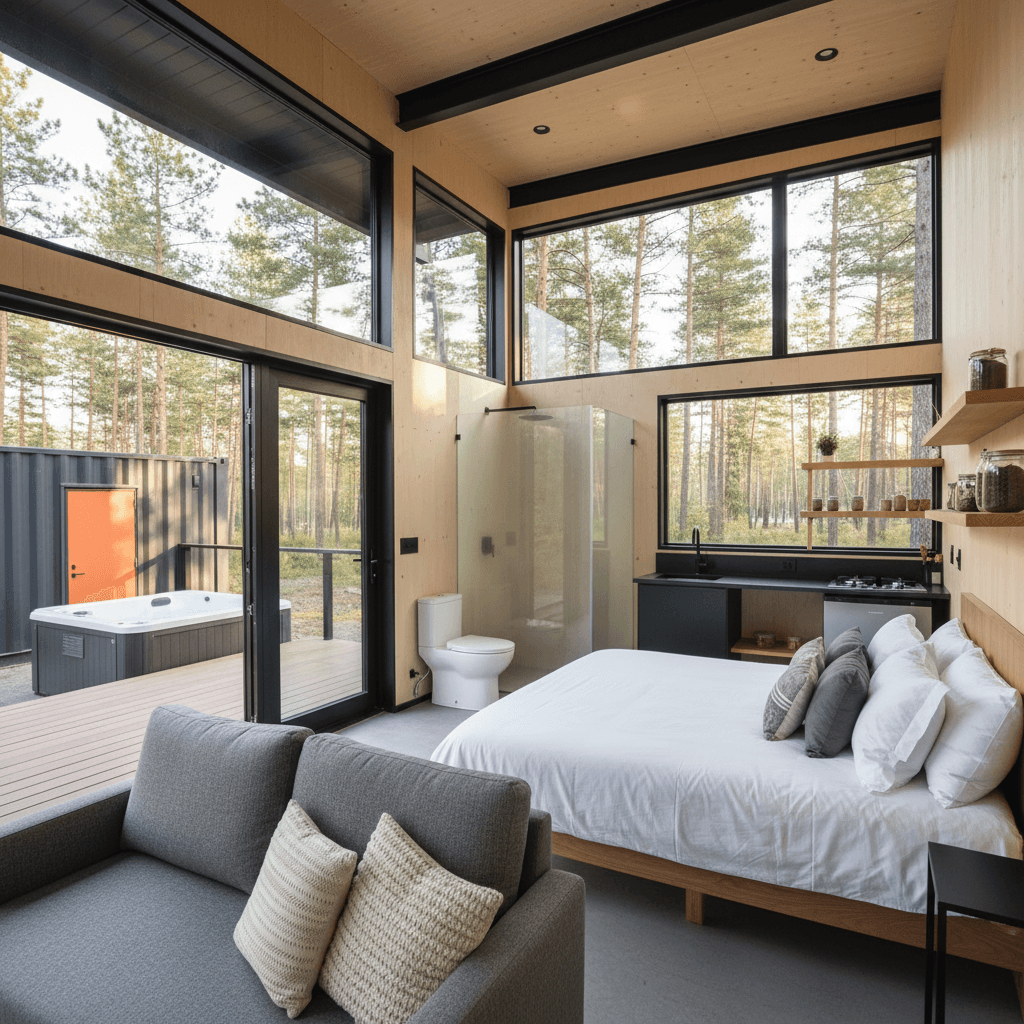Modern Forest Tiny House - Tiny House Orange - Show Full Open - Only Show Living - Give Nice Open - Interior view