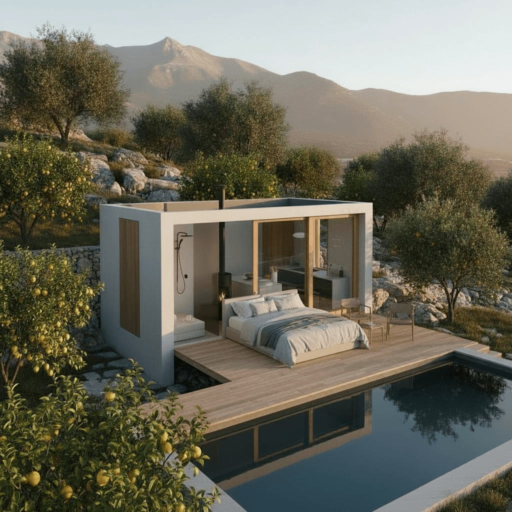 Minimalist mountain Tiny House - Show Nice Open - Inside Living Room - Exterior view