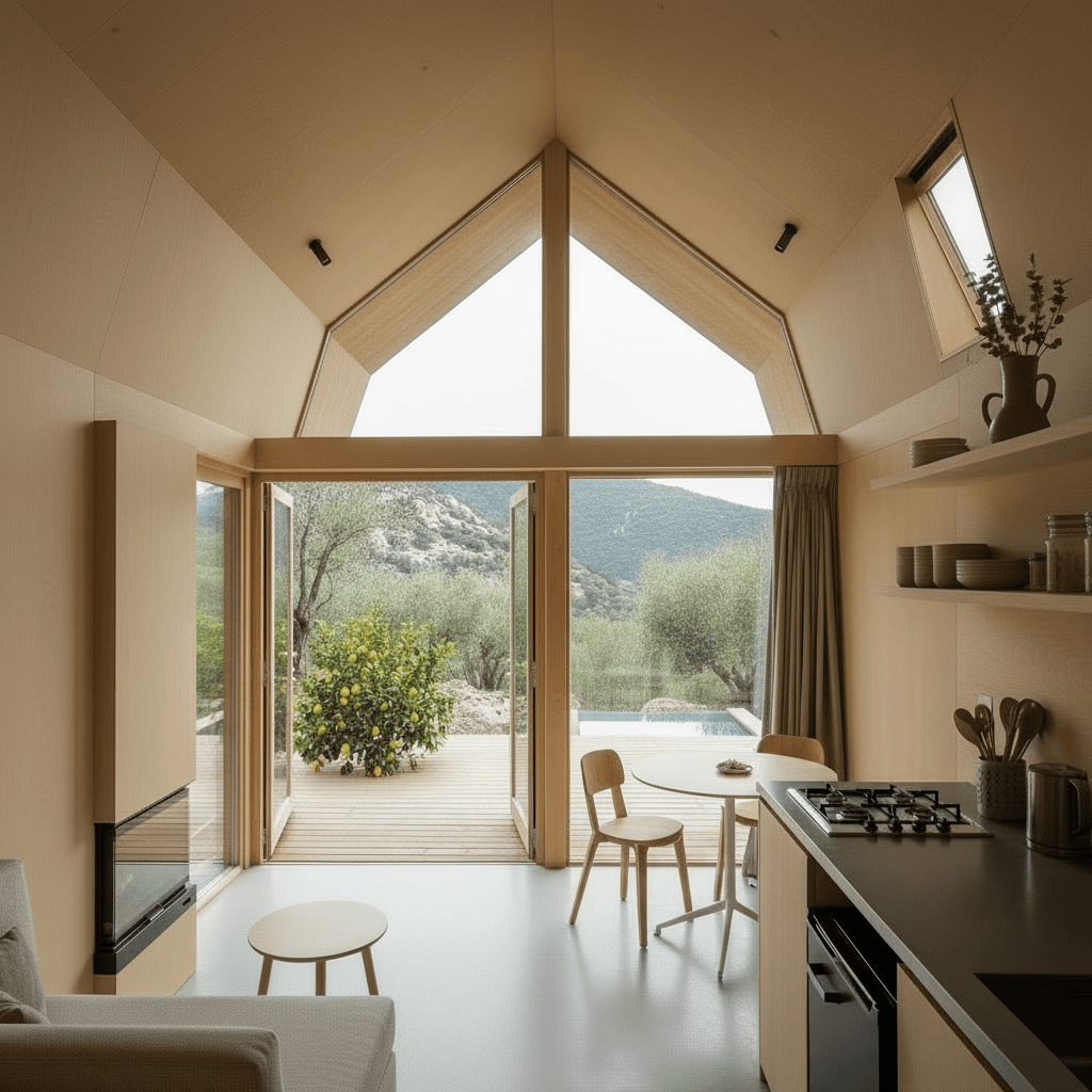 Minimalist mountain Tiny House - Show Kind Open - Only Show Living - Show Open Kitchen - Loft - Interior view