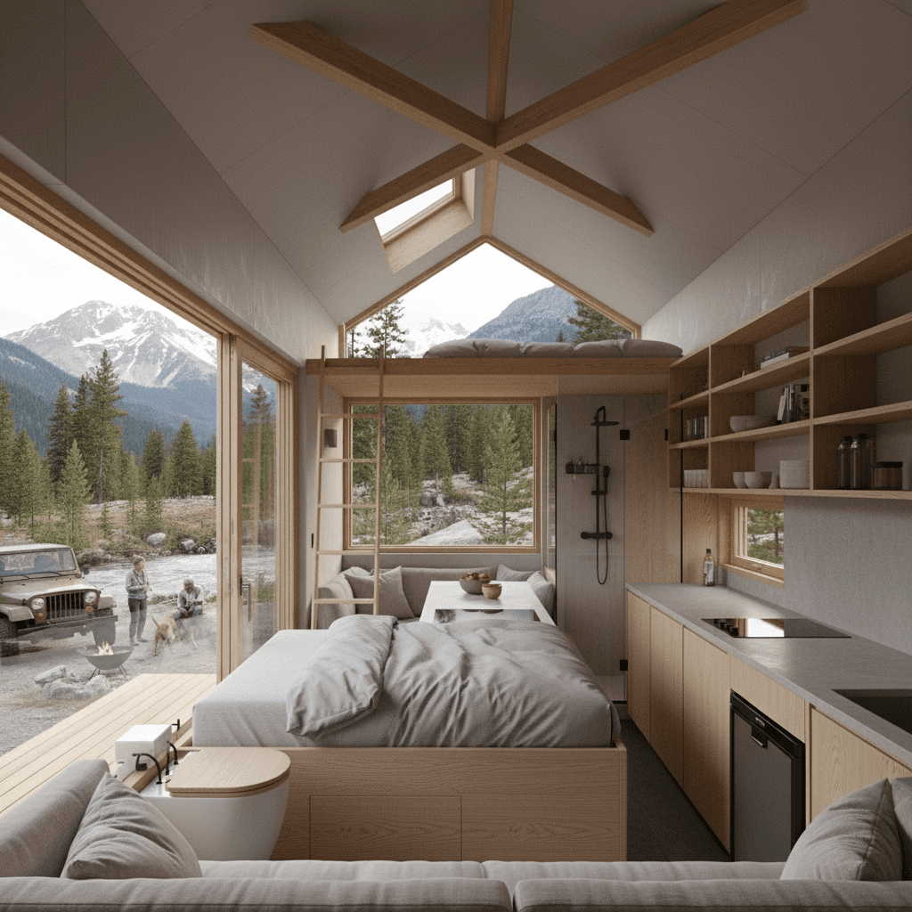 Minimalist mountain Tiny House - Show Compost Toilet - Interior view