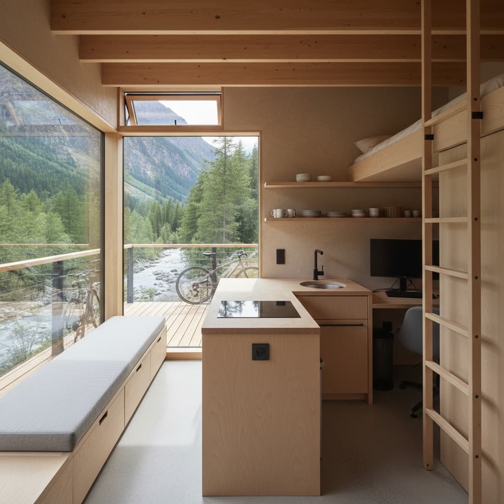 Minimalist mountain Tiny House - Table From Room - Interior view