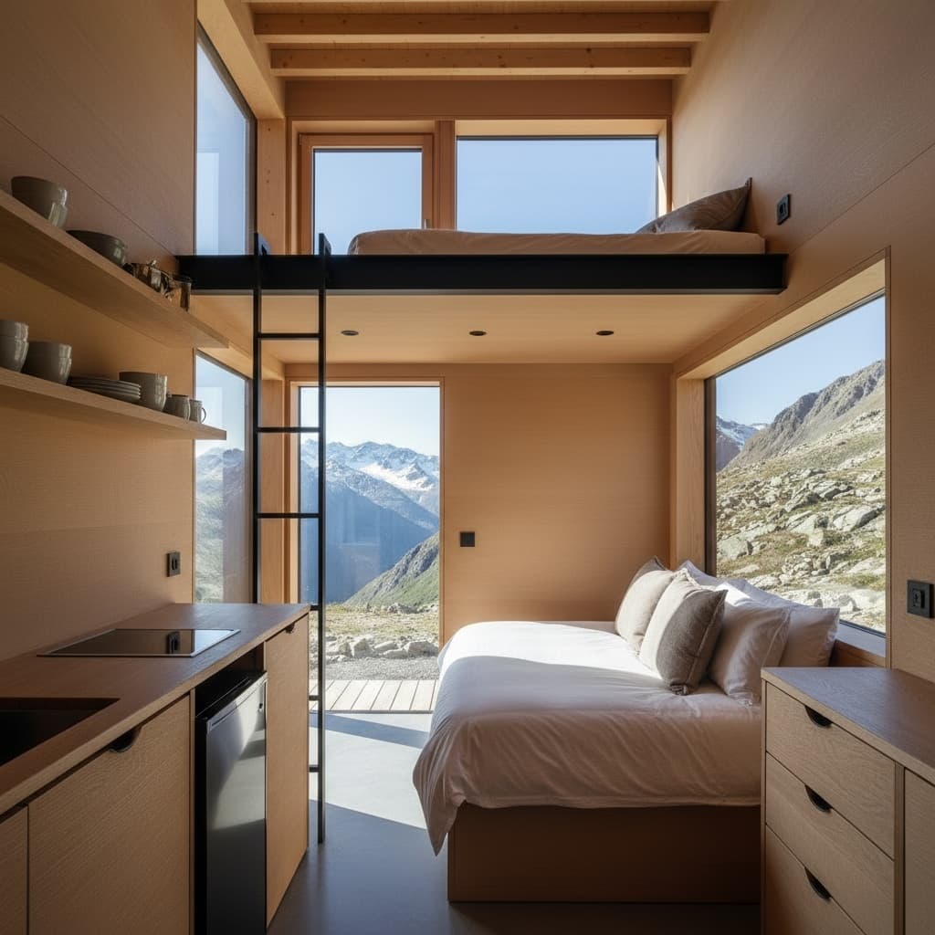 Modern mountain Tiny House - Show King Inside - Interior view