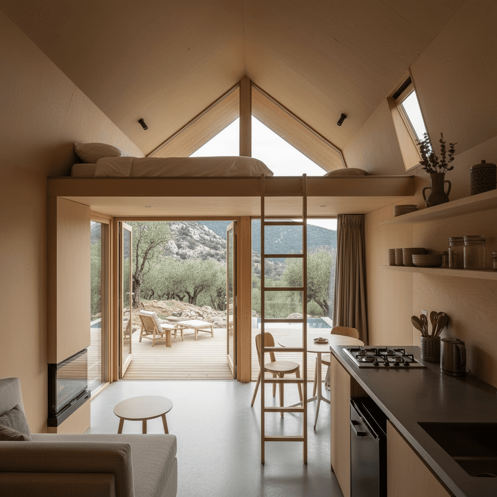 Minimalist mountain Tiny House - Show Kind Open - Interior view