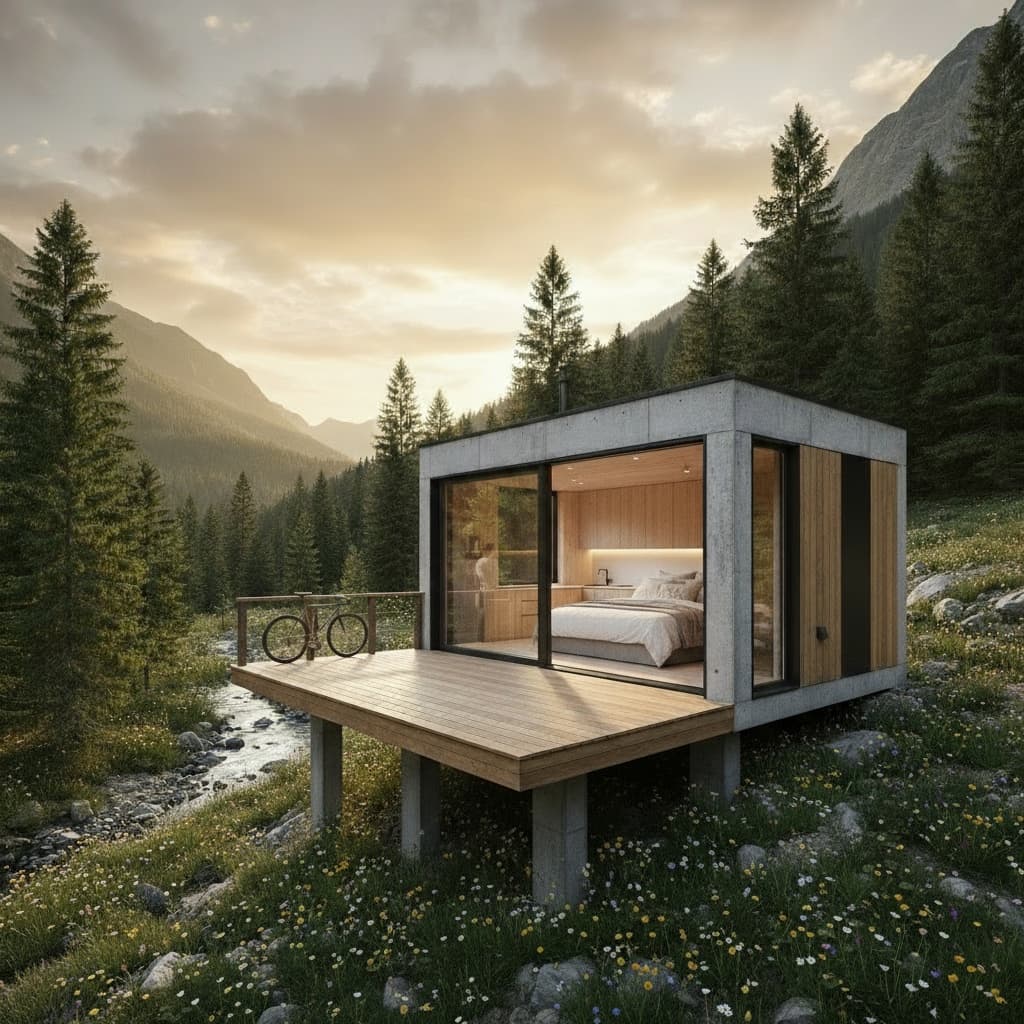 Minimalist mountain Tiny House - Table From Room - Show Kind Nice - Lots Small Green - Exterior view