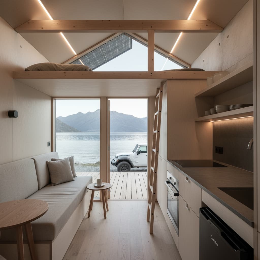 Minimalist lakeside Tiny House - Interior view