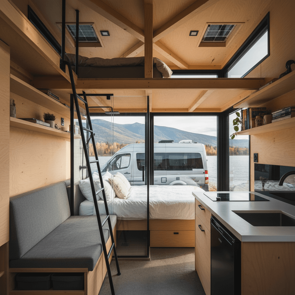 Modern lakeside Tiny House - Show Open Nice - Interior view